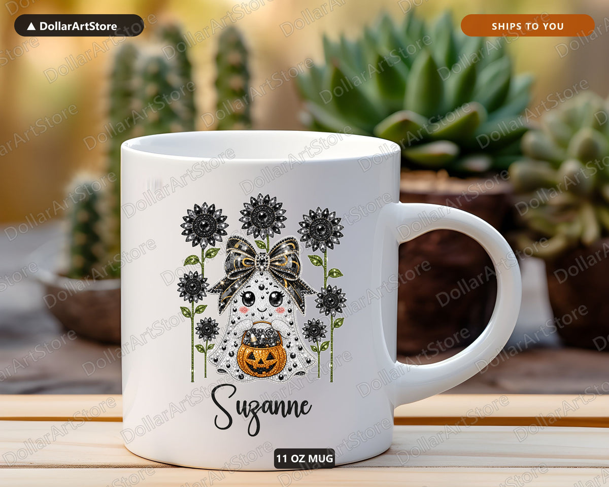 Bling Ghost Sunflower Mug, Halloween Coffee Mug, Personalized Gift for Her