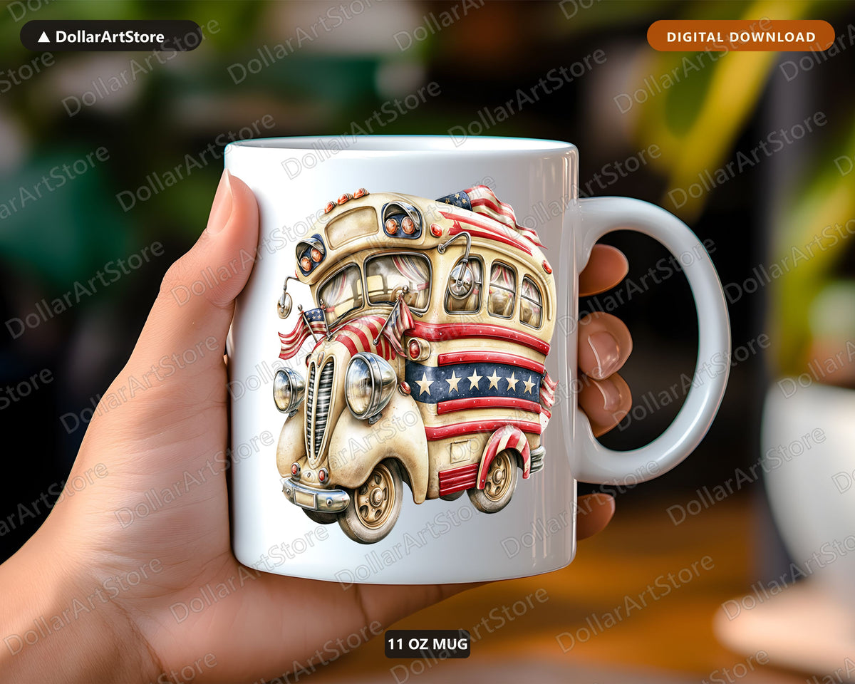 Vintage RV Camper American Flag Mug, Patriotic Coffee Mug Gift