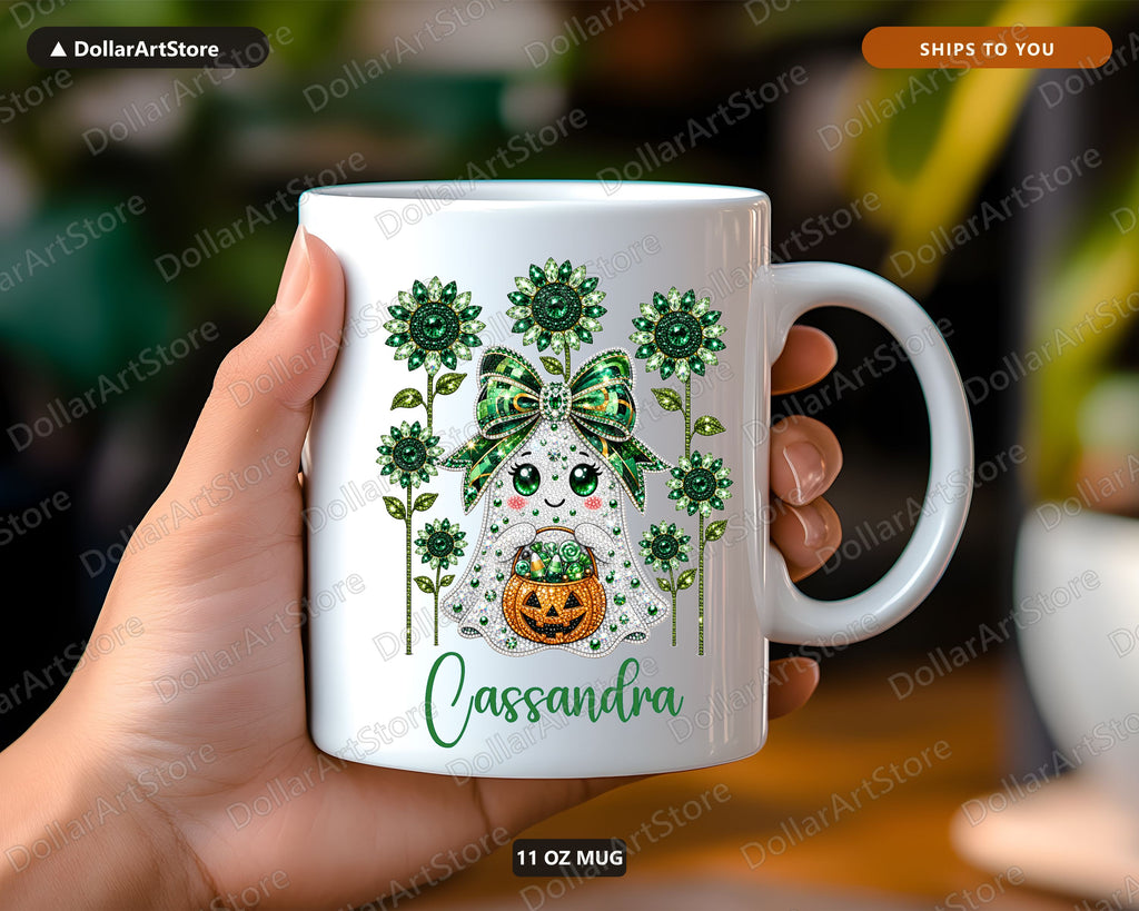 Cassandra Ghost Mug, Emerald Rhinestone Halloween Ceramic Mug, Fall Gift