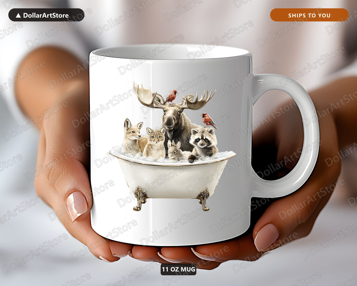 Wildlife Bathtub Mug, Forest Animals Coffee Mug, Moose Woodland Gift