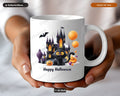 Happy Halloween Black Cat Mug, Haunted Castle Coffee Mug, Fall Ceramic Mug Gift