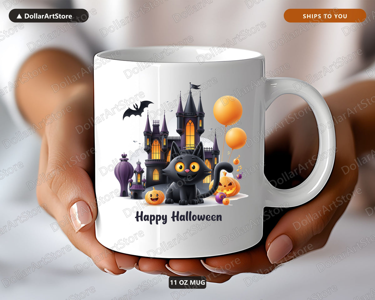 Happy Halloween Black Cat Mug, Haunted Castle Coffee Mug, Fall Ceramic Mug Gift