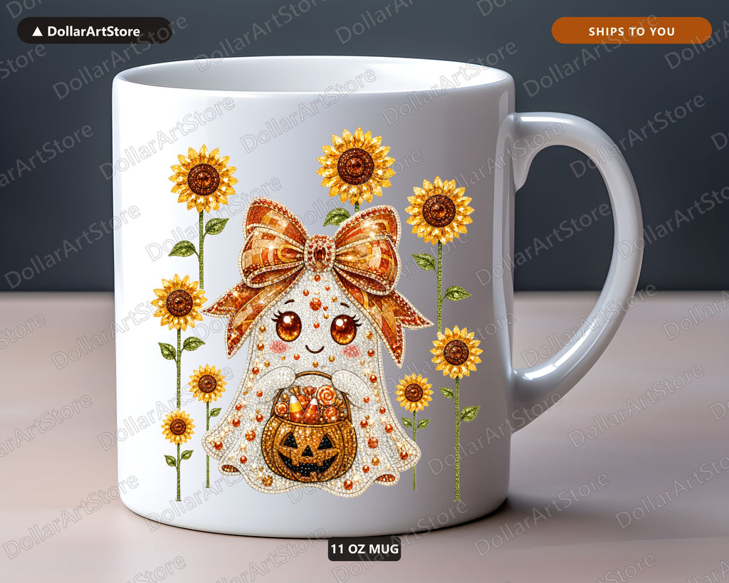 Harvest Ghost Coffee Mug, Sunflower & Pumpkin Fall Ceramic Mug, Halloween Gift