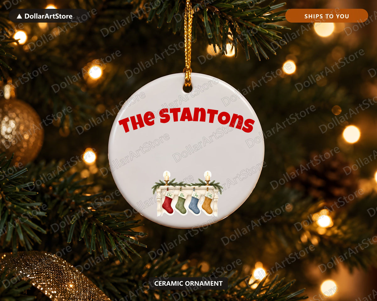 Holiday Mantel with Stockings Christmas Ornament, Ceramic Tree Ornament, Family Keepsake Gift