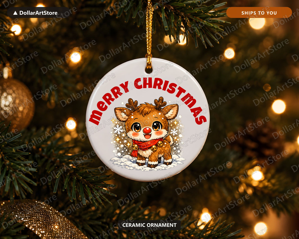 Cute Reindeer Christmas Ornament, Ceramic Holiday Keepsake Gift