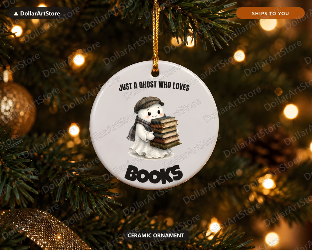 Bookish Ghost Ceramic Christmas Ornament, Literary Holiday Gift