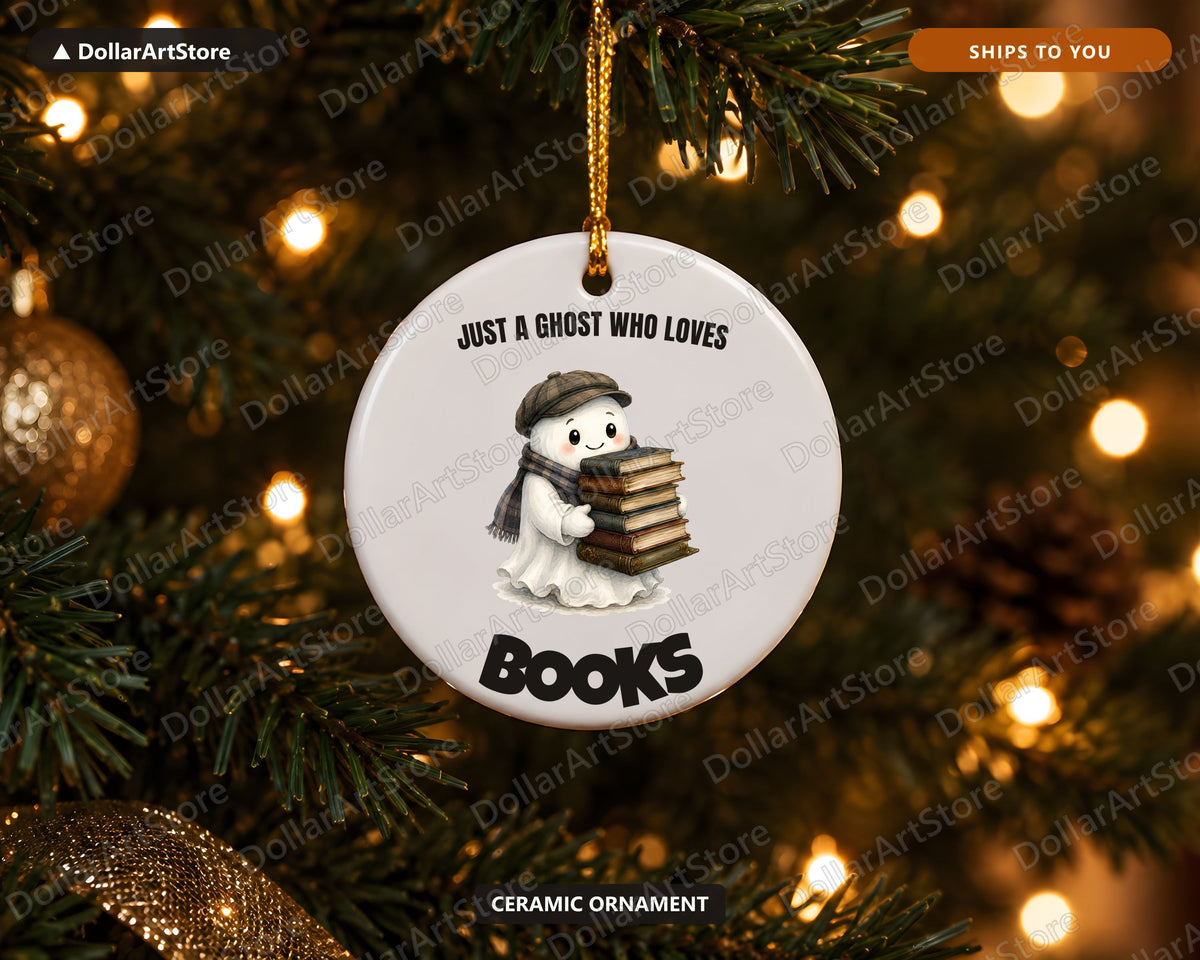Bookish Ghost Ceramic Christmas Ornament, Literary Holiday Gift