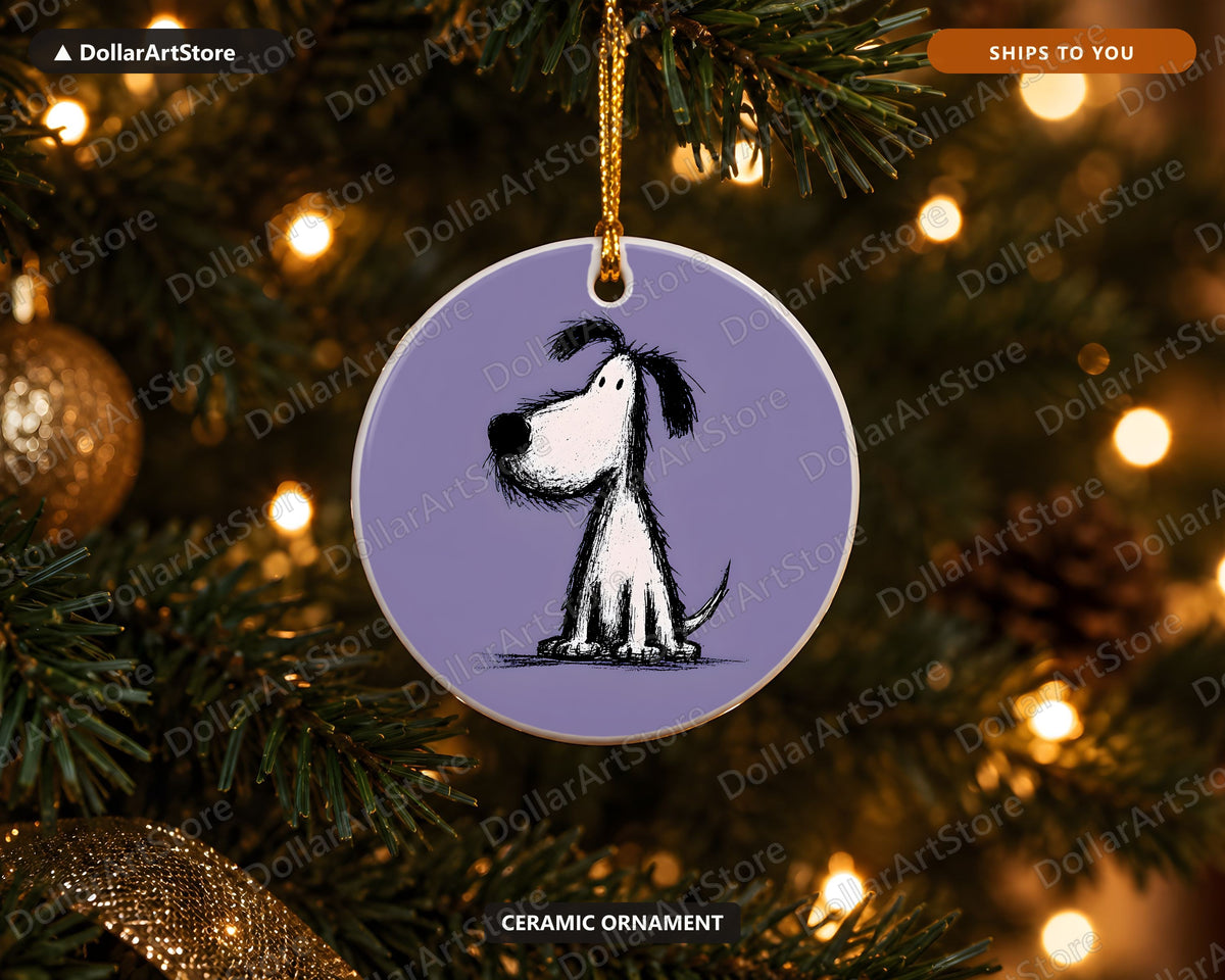 Whimsical Dog Doodle Christmas Ornament, Ceramic Tree Ornament, Holiday Gift