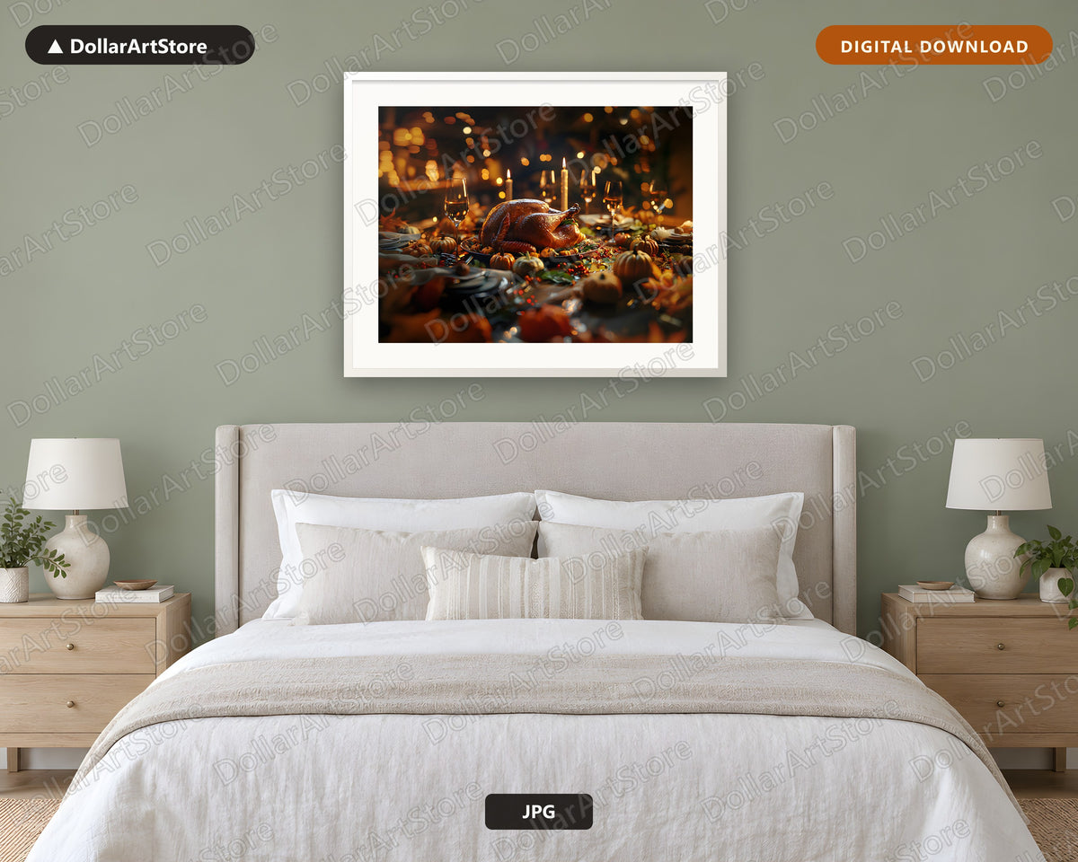Roasted Turkey Dinner Table Printable Wall Art | Thanksgiving Harvest Digital Download