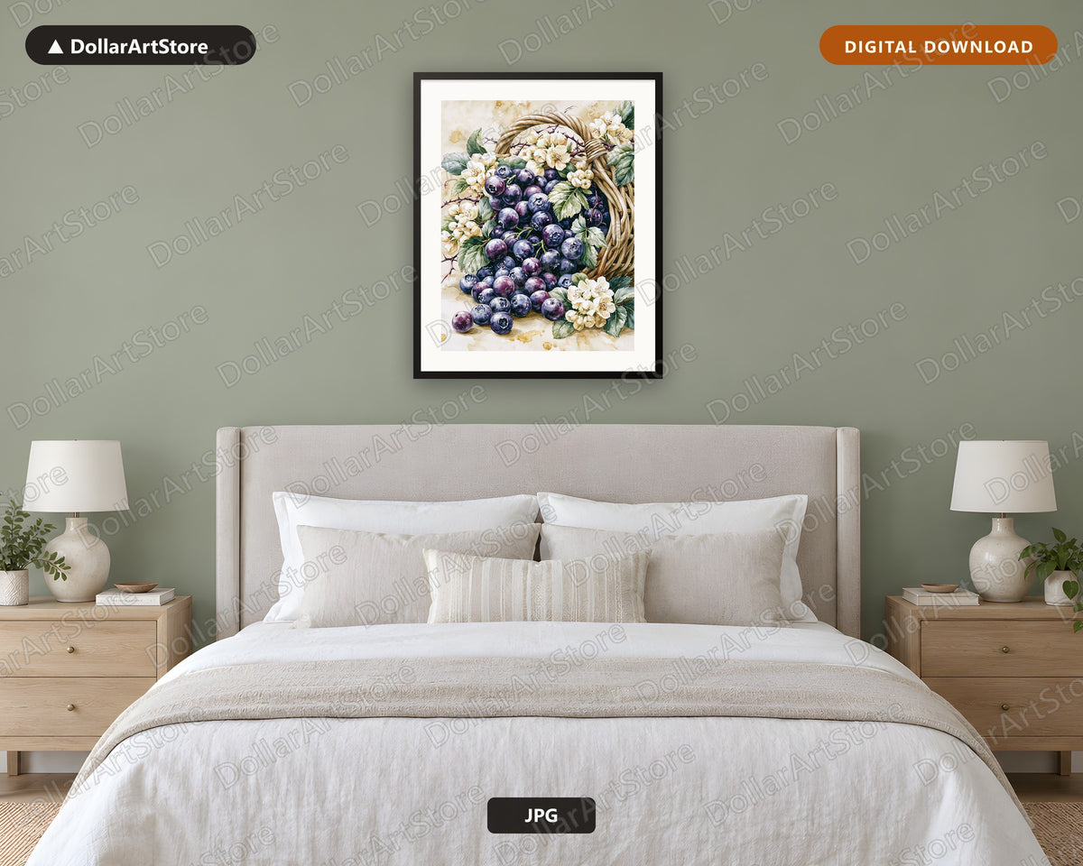 Blueberries Watercolor Floral Basket Printable Wall Art