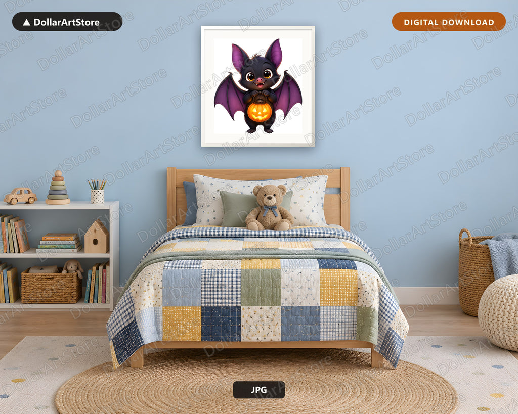 Cute Bat with Jack-o-Lantern Printable Wall Art Digital Download