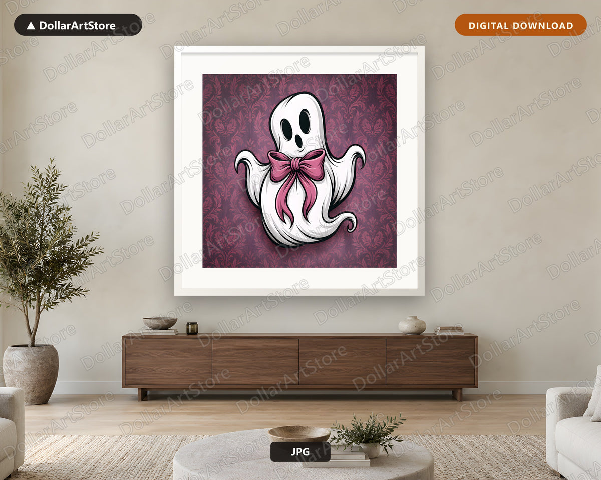 Cute Coquette Ghost Pink Bow Printable Wall Art Digital Download