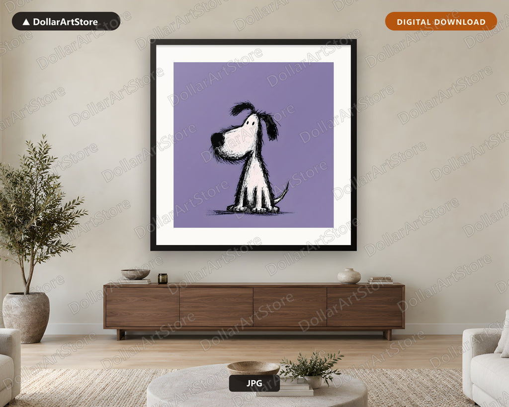 Simple Dog Doodle Sketch Black & White Purple Background Digital Download