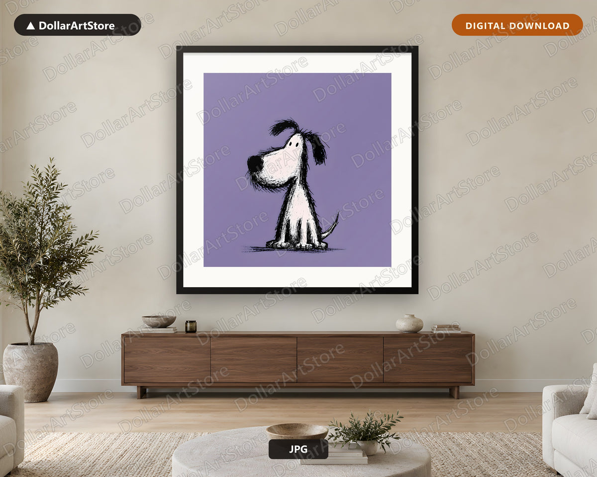 Simple Dog Doodle Sketch Black & White Purple Background Digital Download