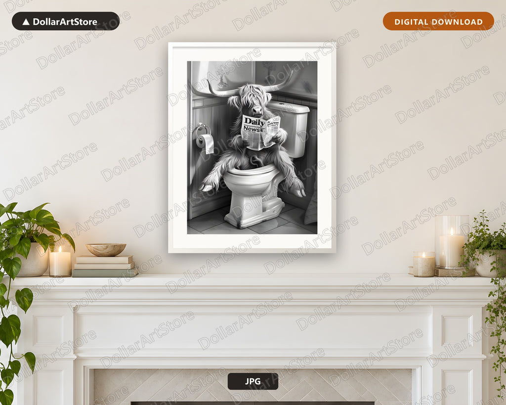 Highland Cattle Reading Newspaper Printable Wall Art, Funny Bathroom Decor