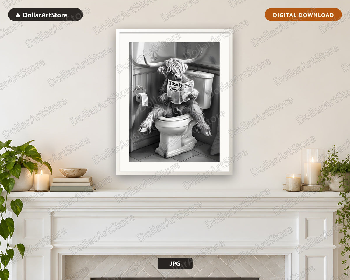 Highland Cattle Reading Newspaper Printable Wall Art, Funny Bathroom Decor