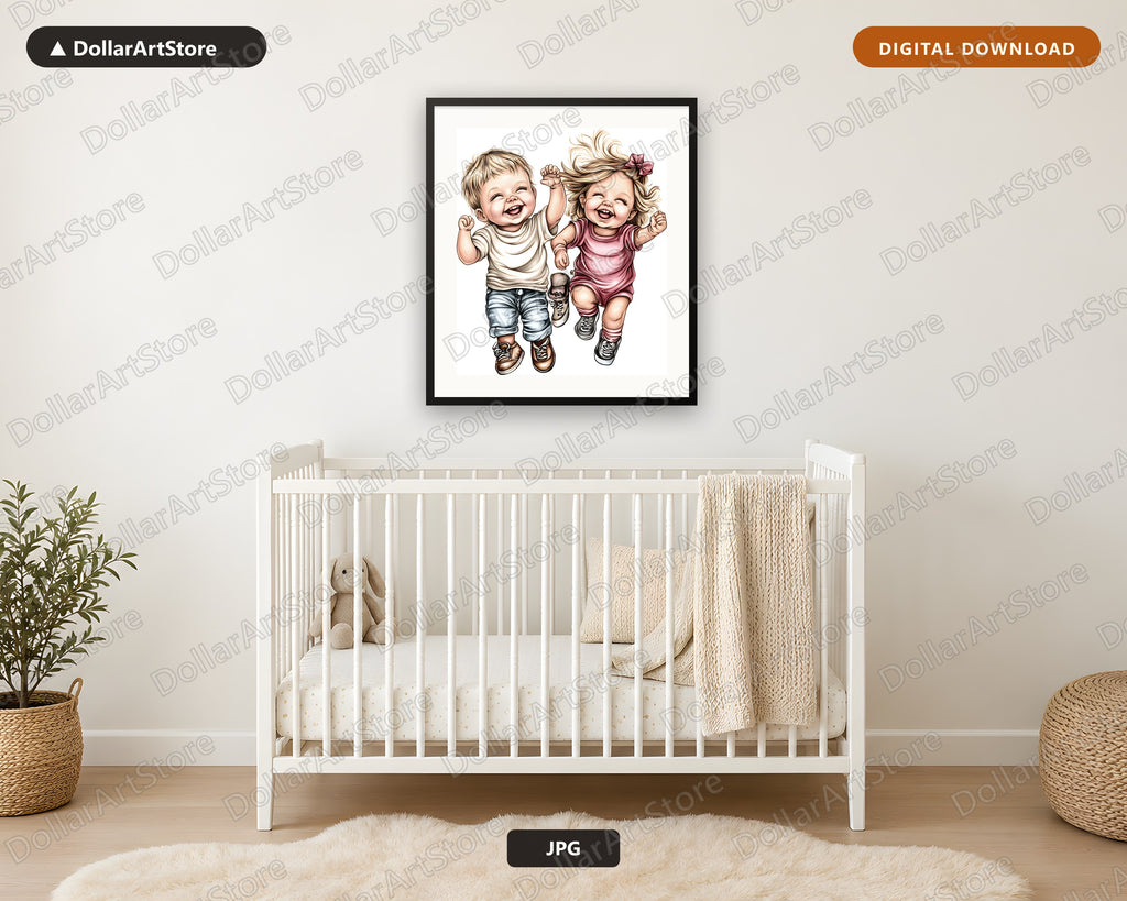 Happy Toddlers Running Printable Wall Art | Kids Room Digital Download
