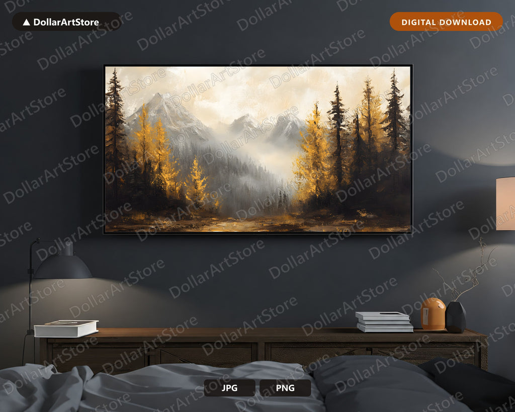 Moody Autumn Landscape Frame TV Art, Misty Mountains Golden Larch, Samsung TV Digital Download 4K
