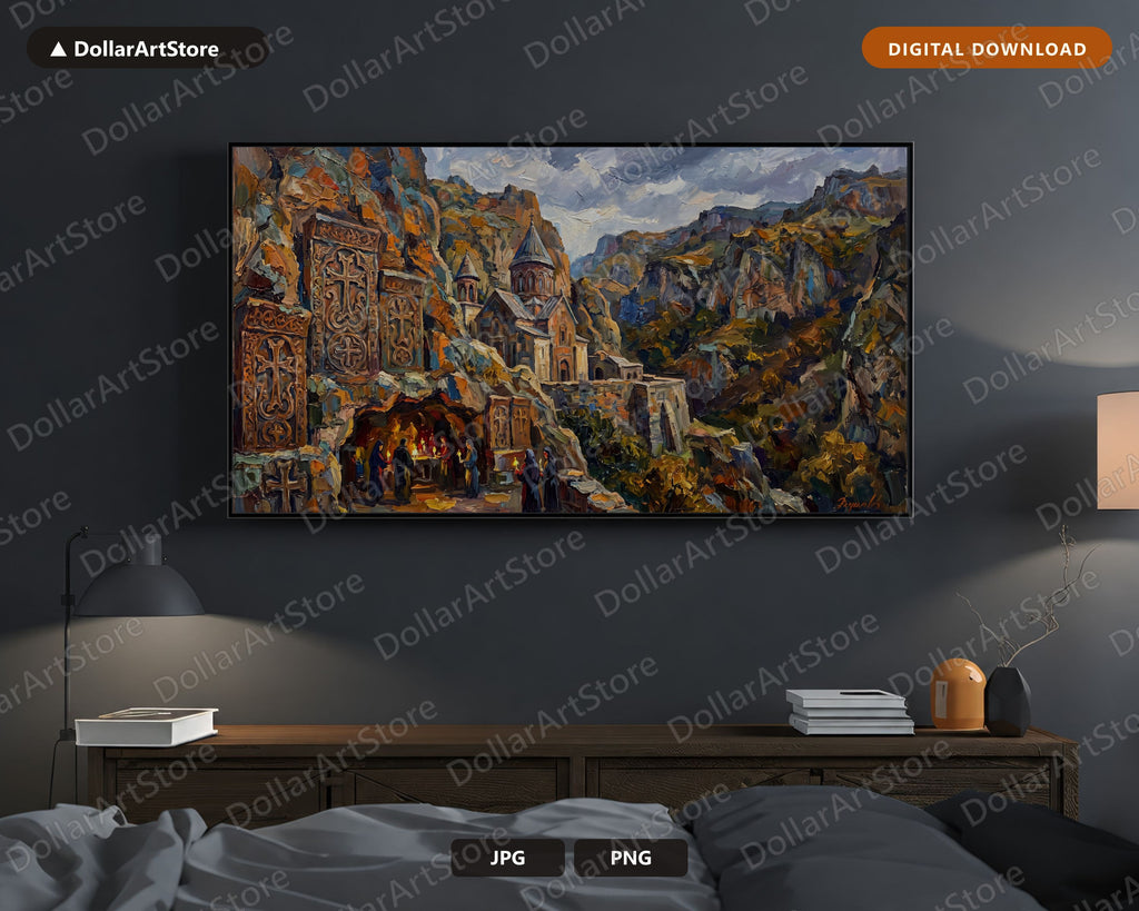 Cozy Monastery Frame TV Art, Armenian Cave Church Landscape, Samsung Frame TV Digital Download, 4K Textured Scenery Art