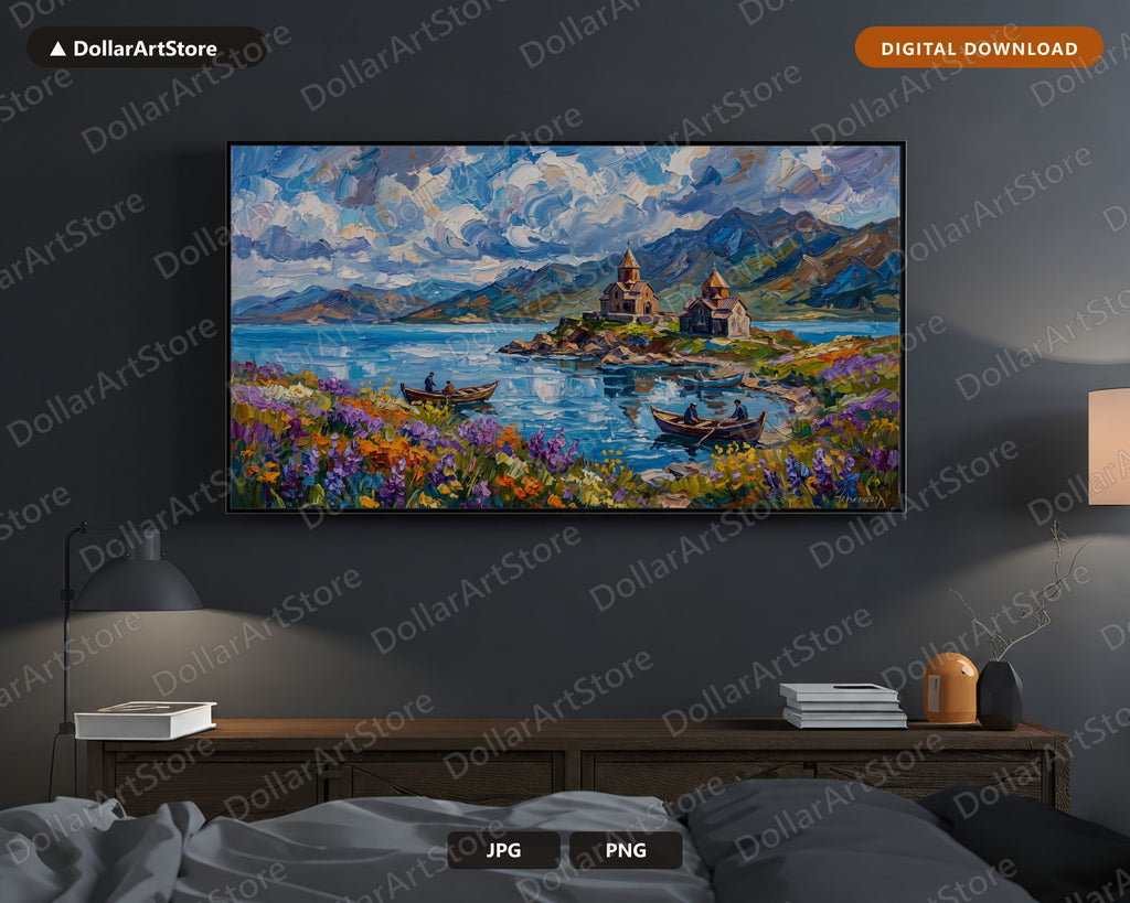 Cozy Mountain Lake Sevan Armenia Frame TV Art, Samsung Frame TV , 4K Textured Landscape