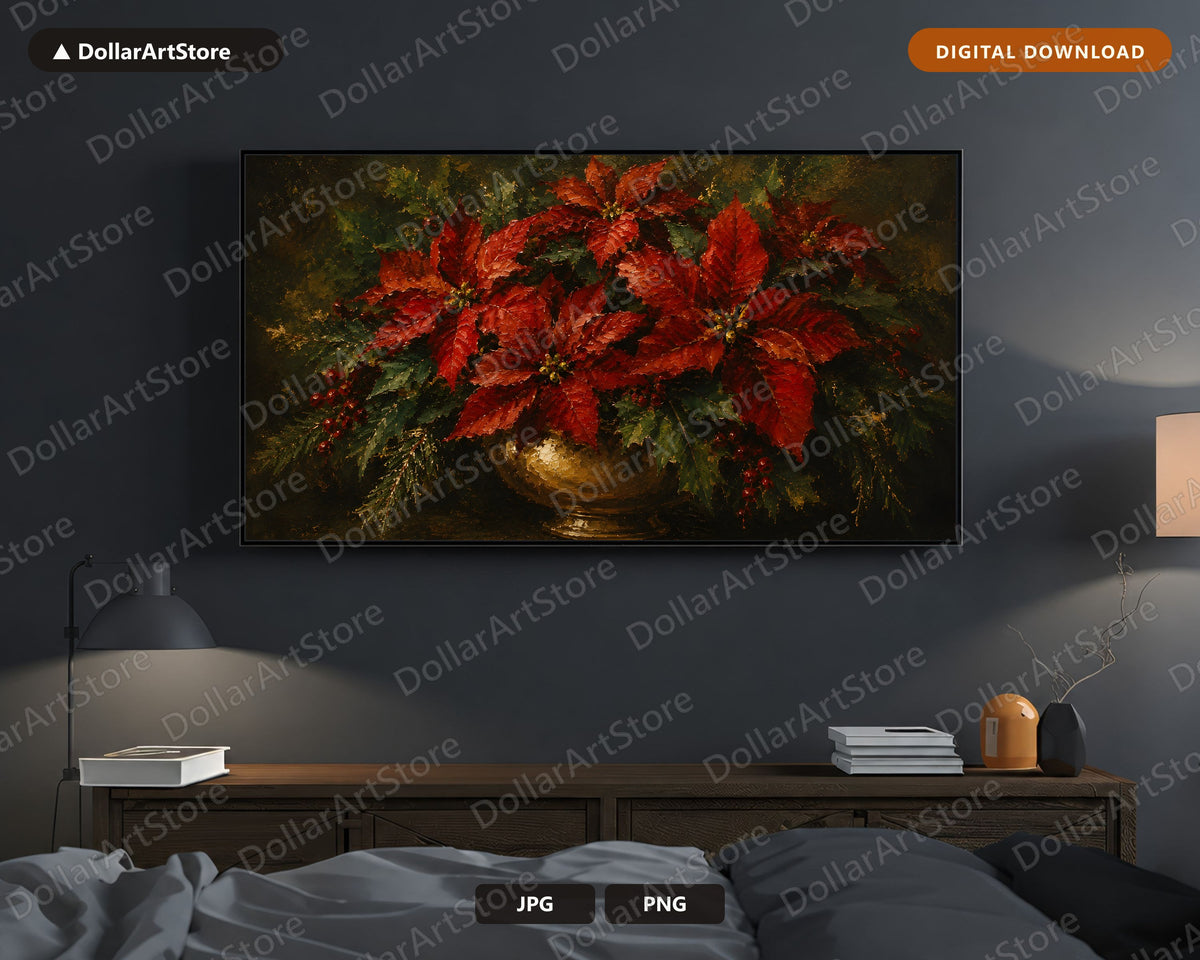 Cozy Holiday Poinsettia Frame TV Art, Samsung Frame TV 4K Digital Download, Textured Christmas Screensaver
