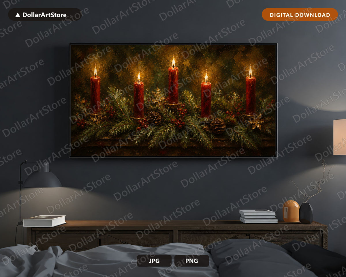 Cozy Holiday Frame TV Art, Christmas Candles Samsung Frame TV Digital Download, 4K Textured Festive Screensaver