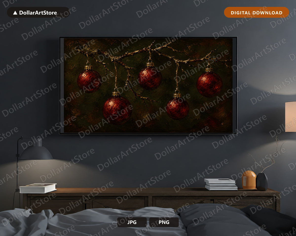 Cozy Holiday Frame TV Art, Red Ornaments Christmas Samsung Frame TV Digital Download 4K