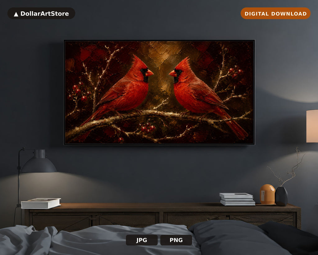 Cozy Winter Textured Frame TV Art, Red Cardinals on Branch, Samsung Frame TV Digital Download 4K