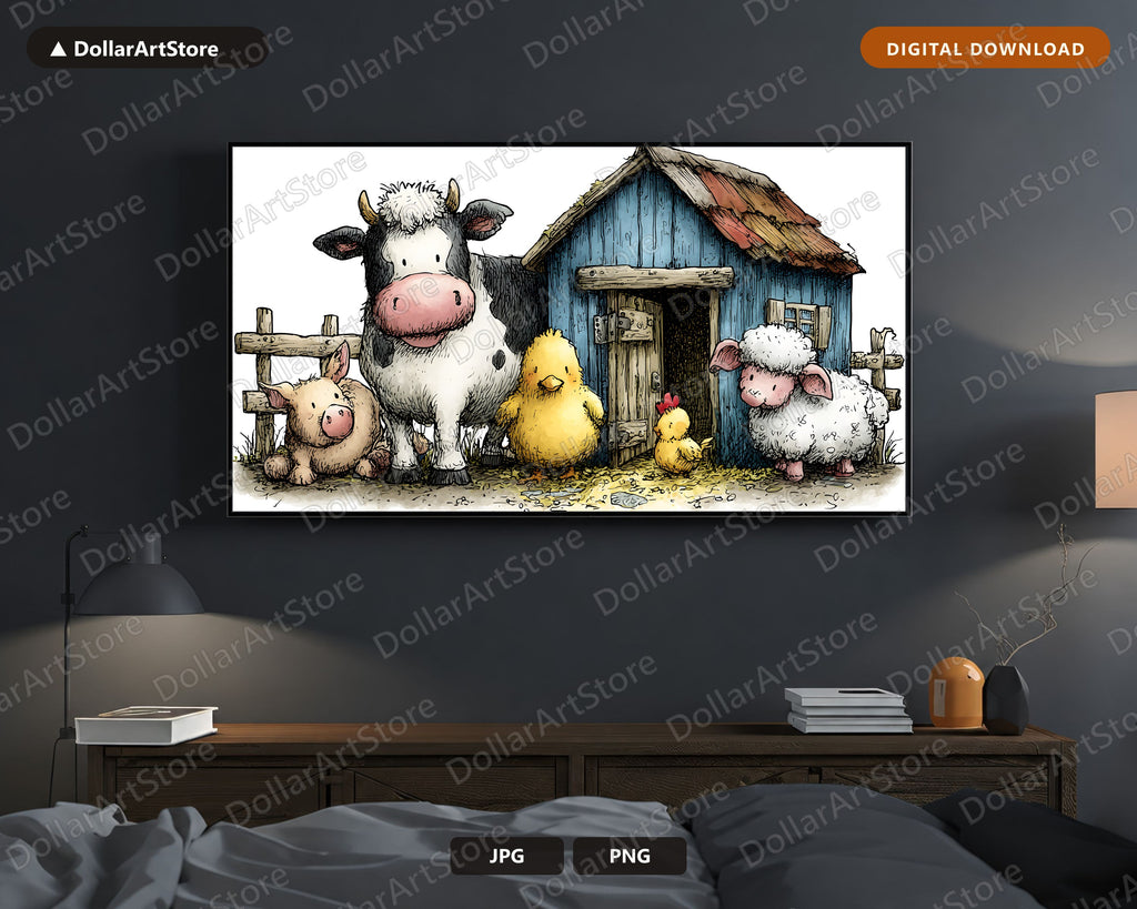 Cute Farm Animals Frame TV Art, Samsung Frame TV Digital Download, 4K Barn Scene