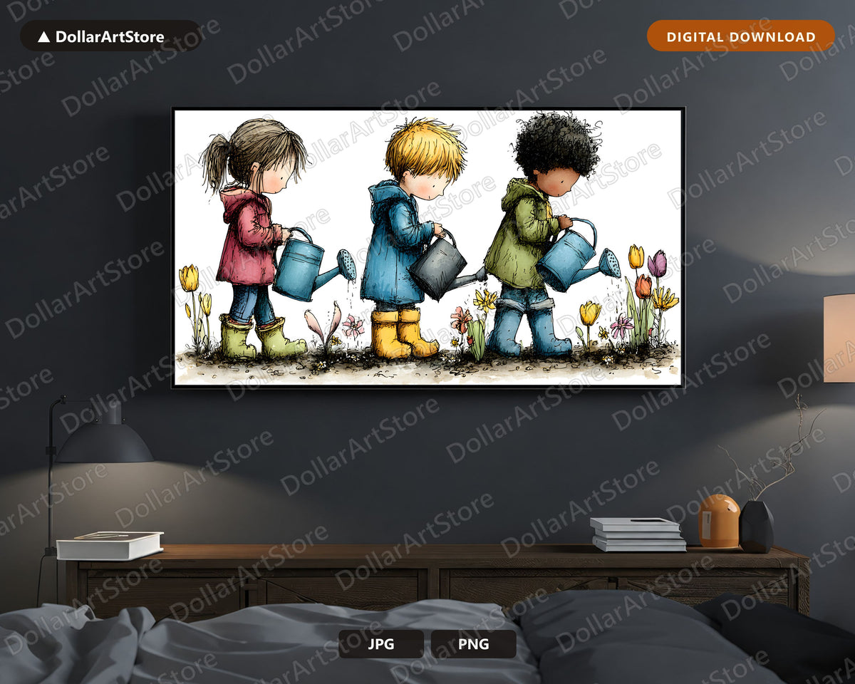 Cute Kids Gardening Frame TV Art, Samsung Frame TV Digital Download, Whimsical 4K TV Screensaver