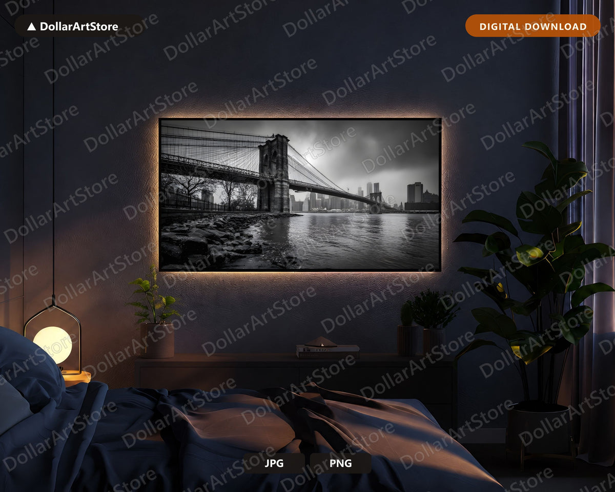 Dark Urban Scenery Frame TV Art, Brooklyn Bridge Samsung TV Download, 4K Black and White Landscape Art
