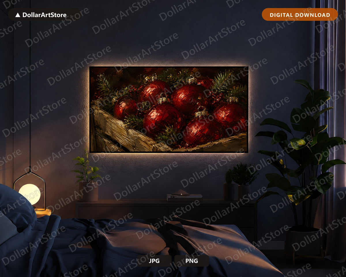 Cozy Holiday Frame TV Art, Red Christmas Ornaments 4K Samsung TV Screensaver