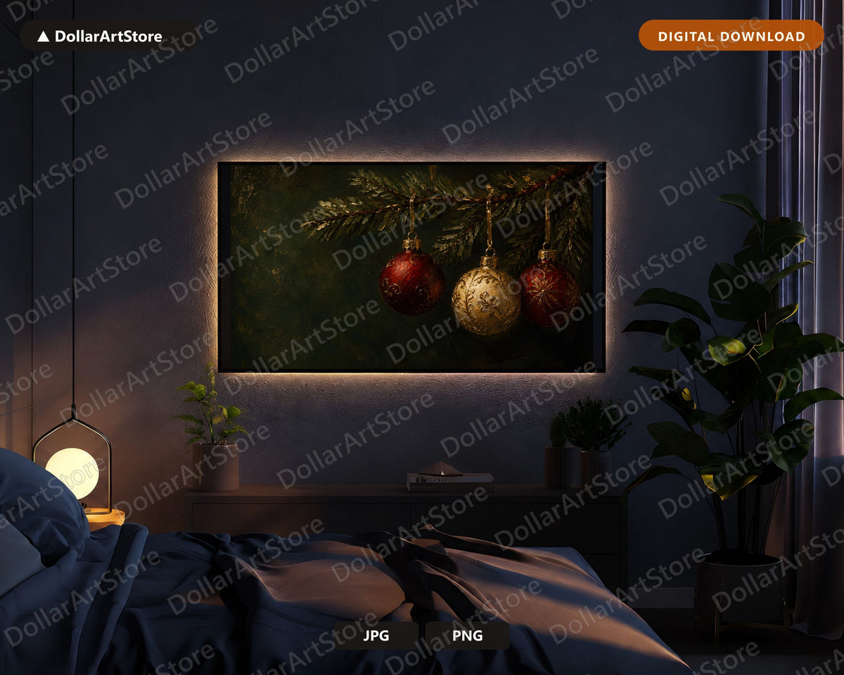 Cozy Holiday Frame TV Art, Christmas Ornament Samsung Frame TV Digital Download, 4K Rustic Textured Screensaver