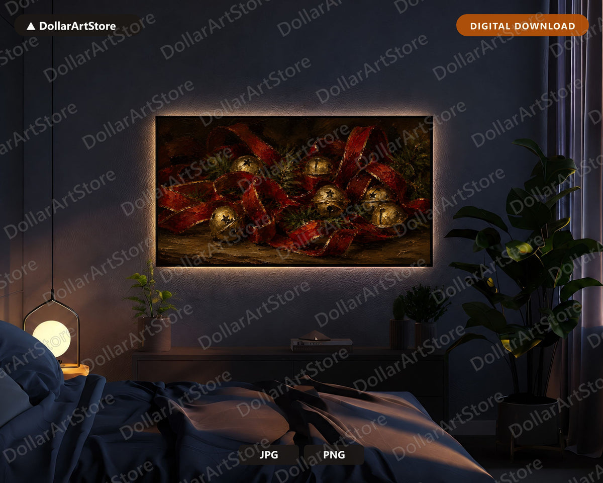 Cozy Christmas Frame TV Art, Red Gold Bells Textured Digital Download, Samsung Frame TV 4K