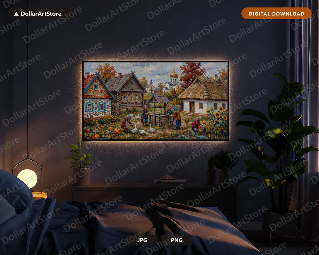 Cozy Rustic Eastern European Village Frame TV Art, Samsung Frame TV Digital Download, 4K Autumn Farmhouse Wallpaper