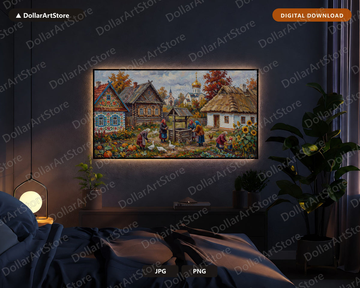 Cozy Rustic Eastern European Village Frame TV Art, Samsung Frame TV Digital Download, 4K Autumn Farmhouse Wallpaper