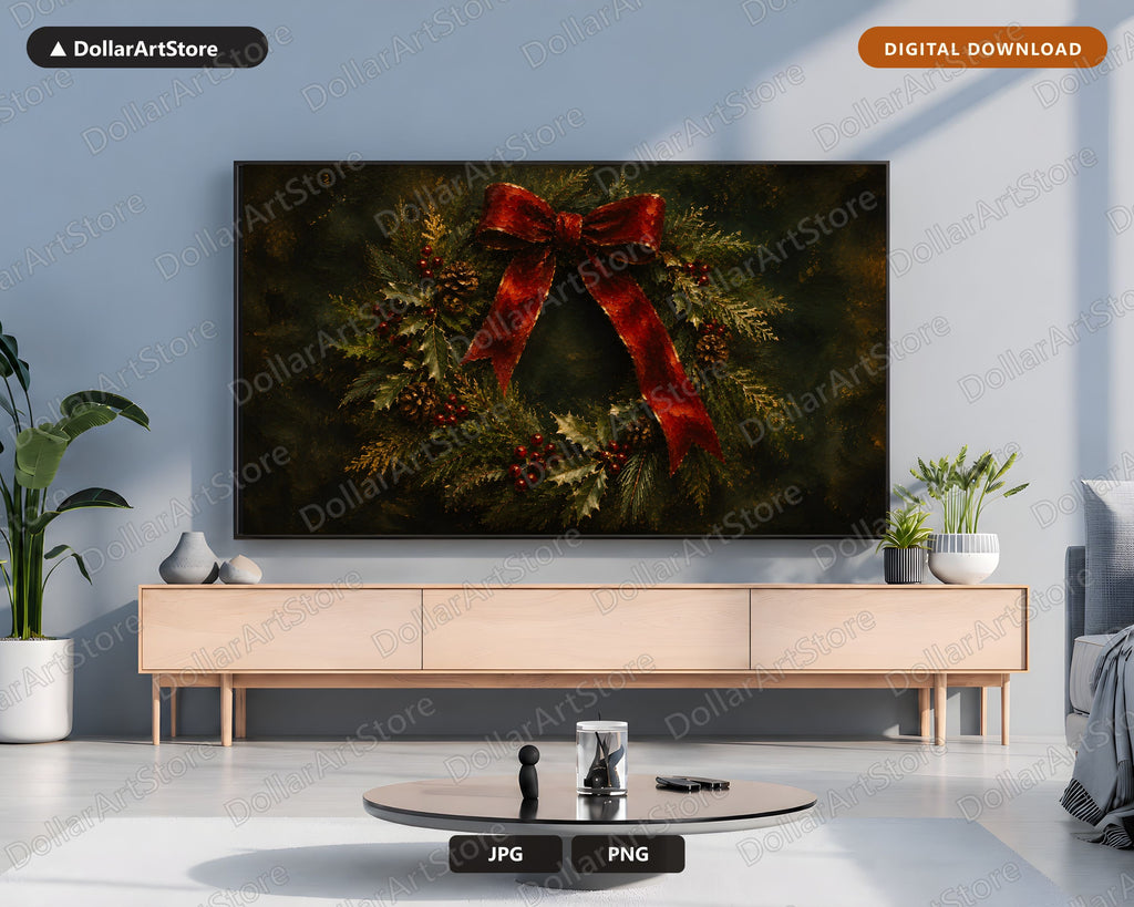Cozy Holiday Wreath Frame TV Art, Red Bow Christmas Wreath Samsung Frame TV Digital Download 4K