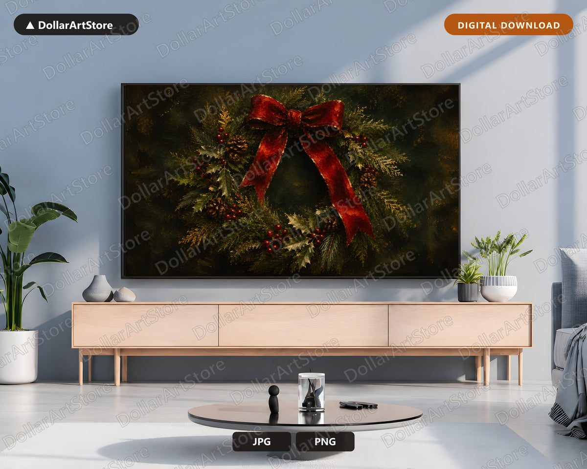 Cozy Holiday Wreath Frame TV Art, Red Bow Christmas Wreath Samsung Frame TV Digital Download 4K