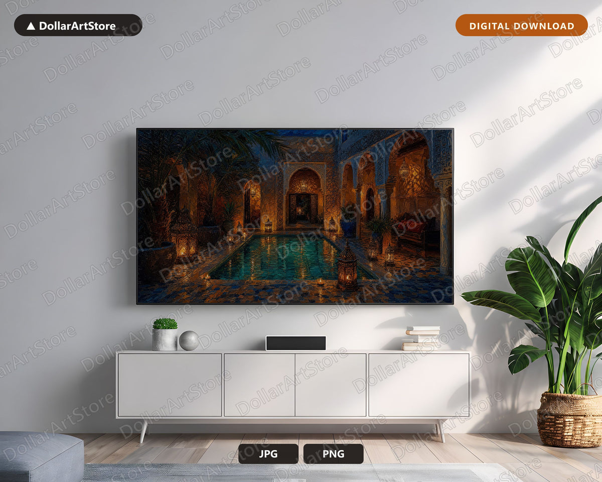 Cozy Moroccan Riad Courtyard Frame TV Art, Candlelit 4K Samsung Frame TV Digital Download