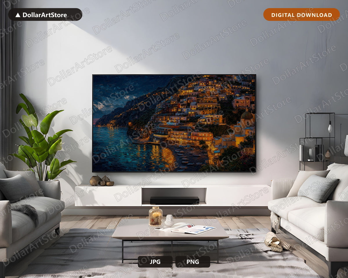 Cozy Amalfi Dusk Frame TV Art, Samsung Frame TV Digital Download, 4K Textured Coastal Scenery