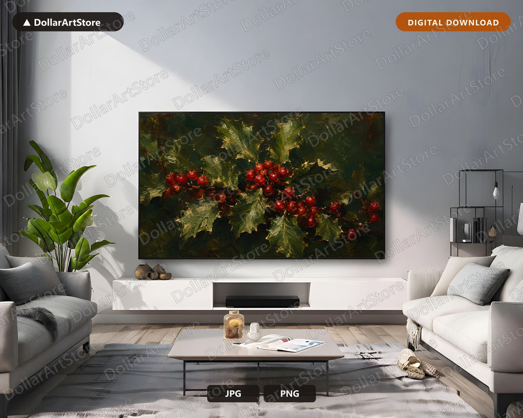 Cozy Holly Berries Frame TV Art, Christmas Textured Botanical Samsung Frame Digital Download 4K