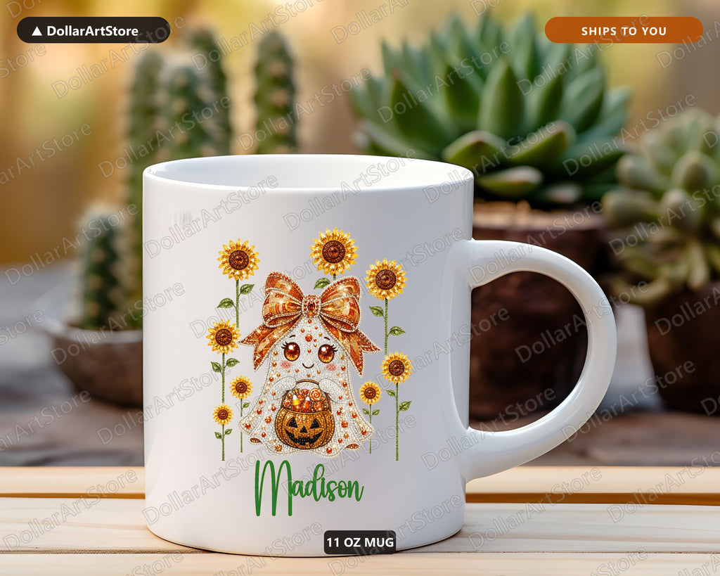 Personalized Halloween Mug, Sunflower Ghost Coffee Mug, Custom Name Mug