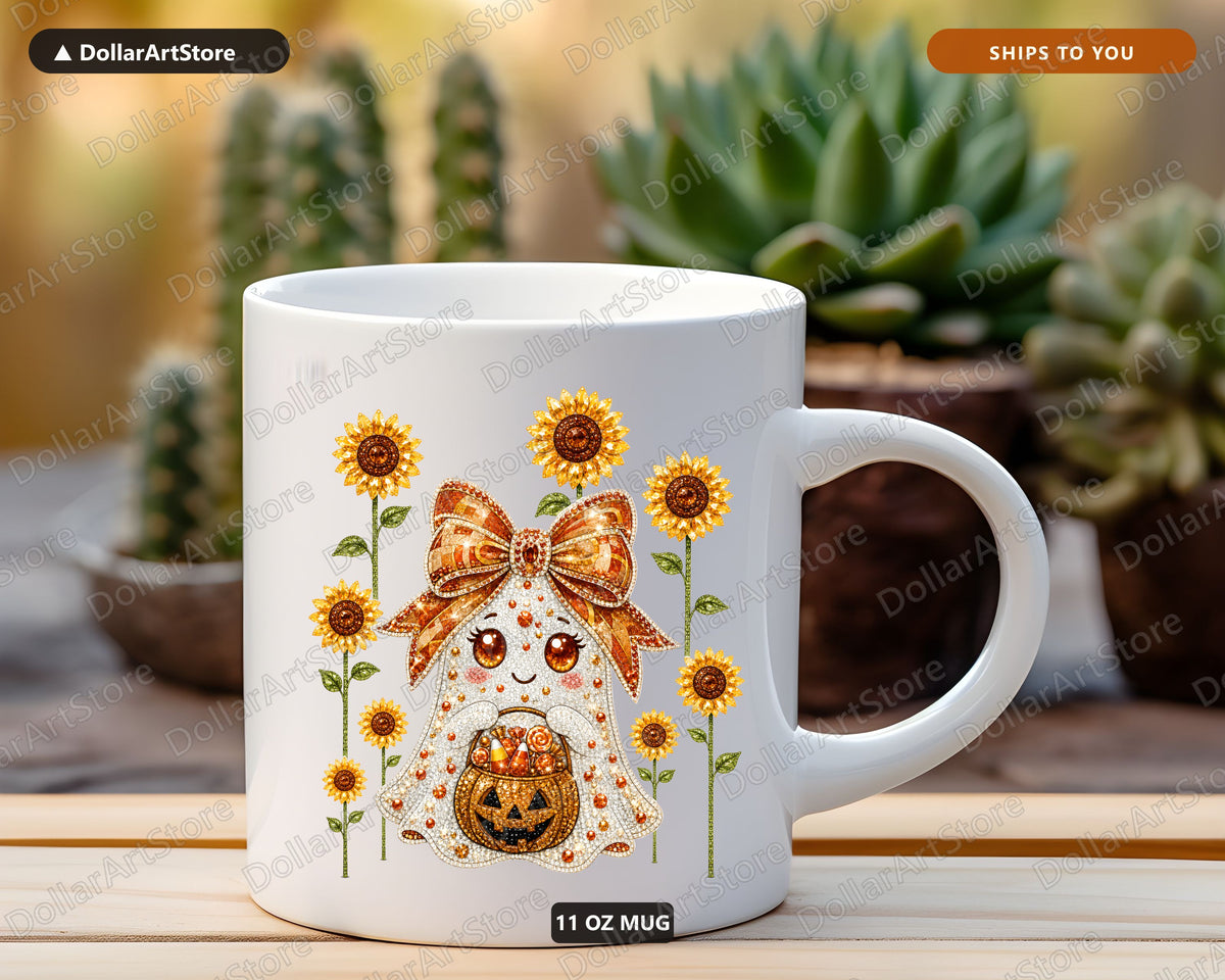 Harvest Ghost Coffee Mug, Sunflower & Pumpkin Fall Ceramic Mug, Halloween Gift