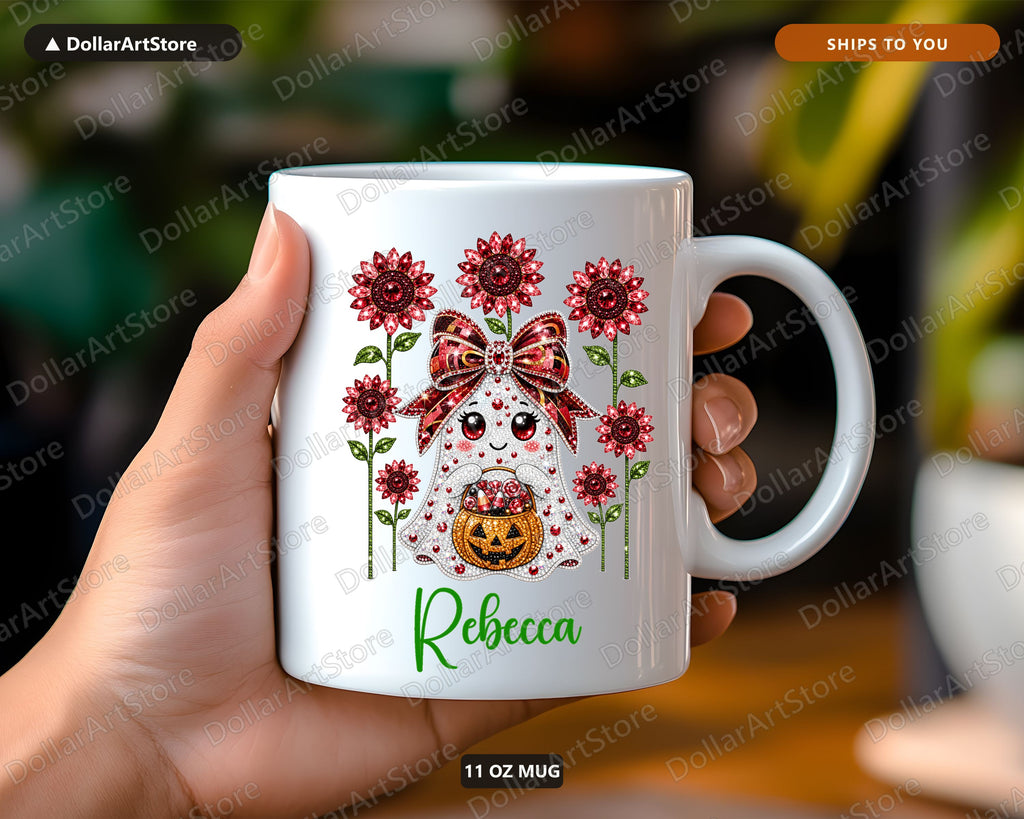 Ruby Ghost Mug with Sunflowers, Personalized Halloween Ceramic Mug, Fall Gift