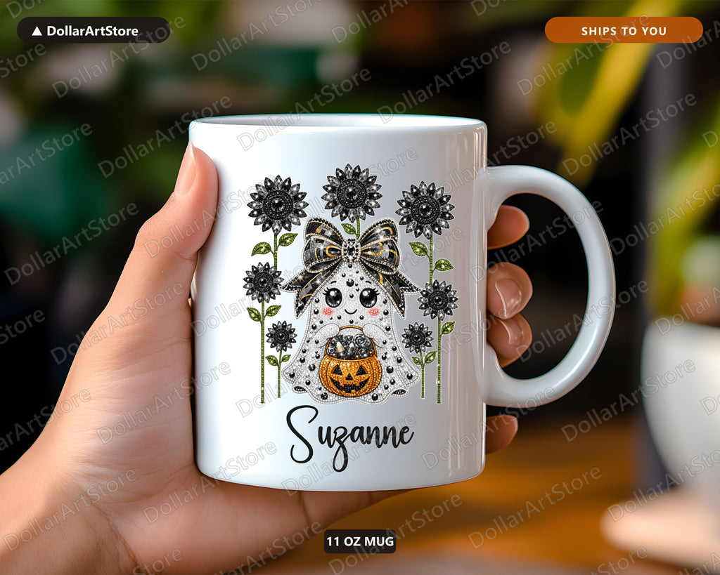 Bling Ghost Sunflower Mug, Halloween Coffee Mug, Personalized Gift for Her