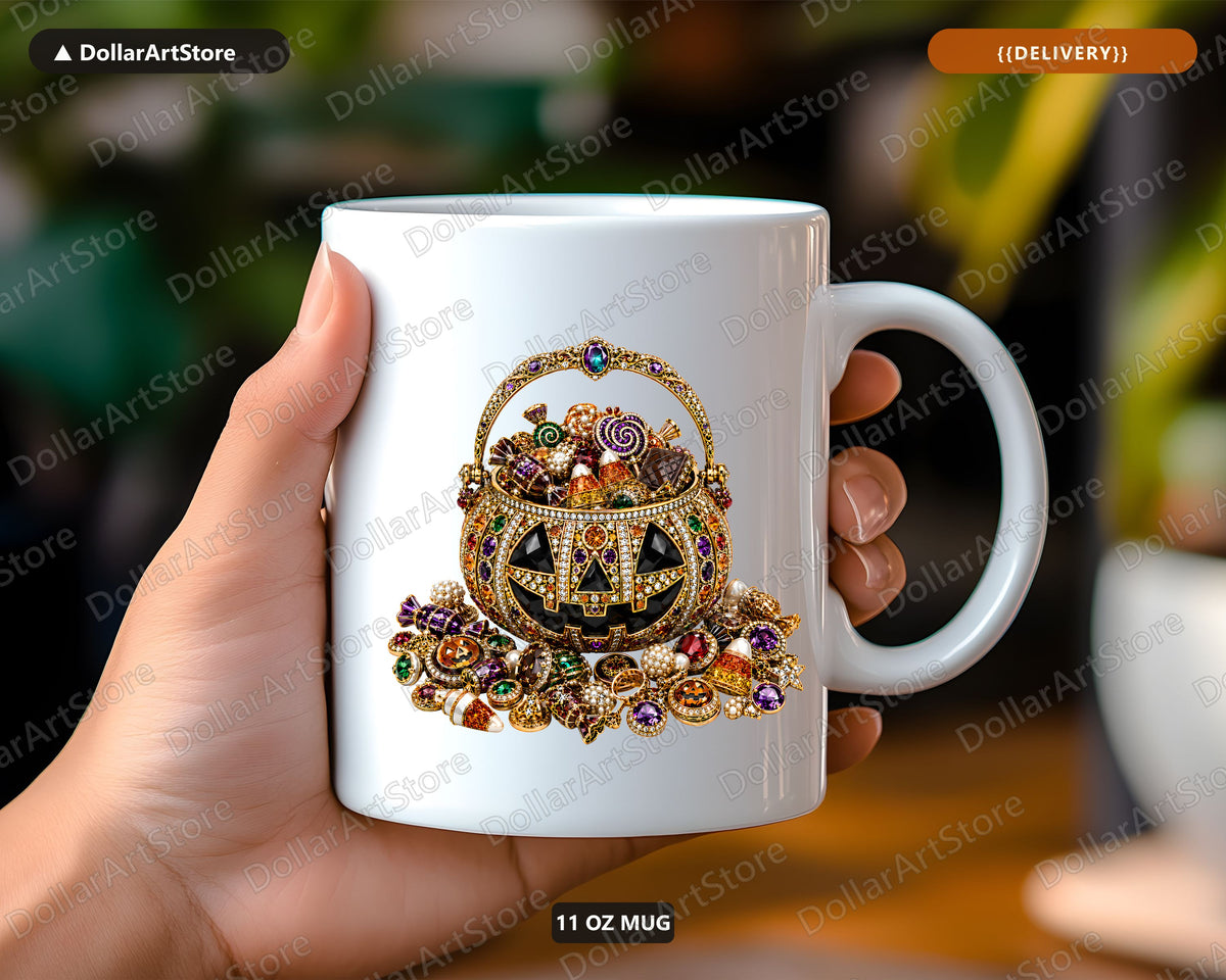 Jeweled Pumpkin Mug, Ornate Halloween Coffee Mug, Gemstone Basket Design