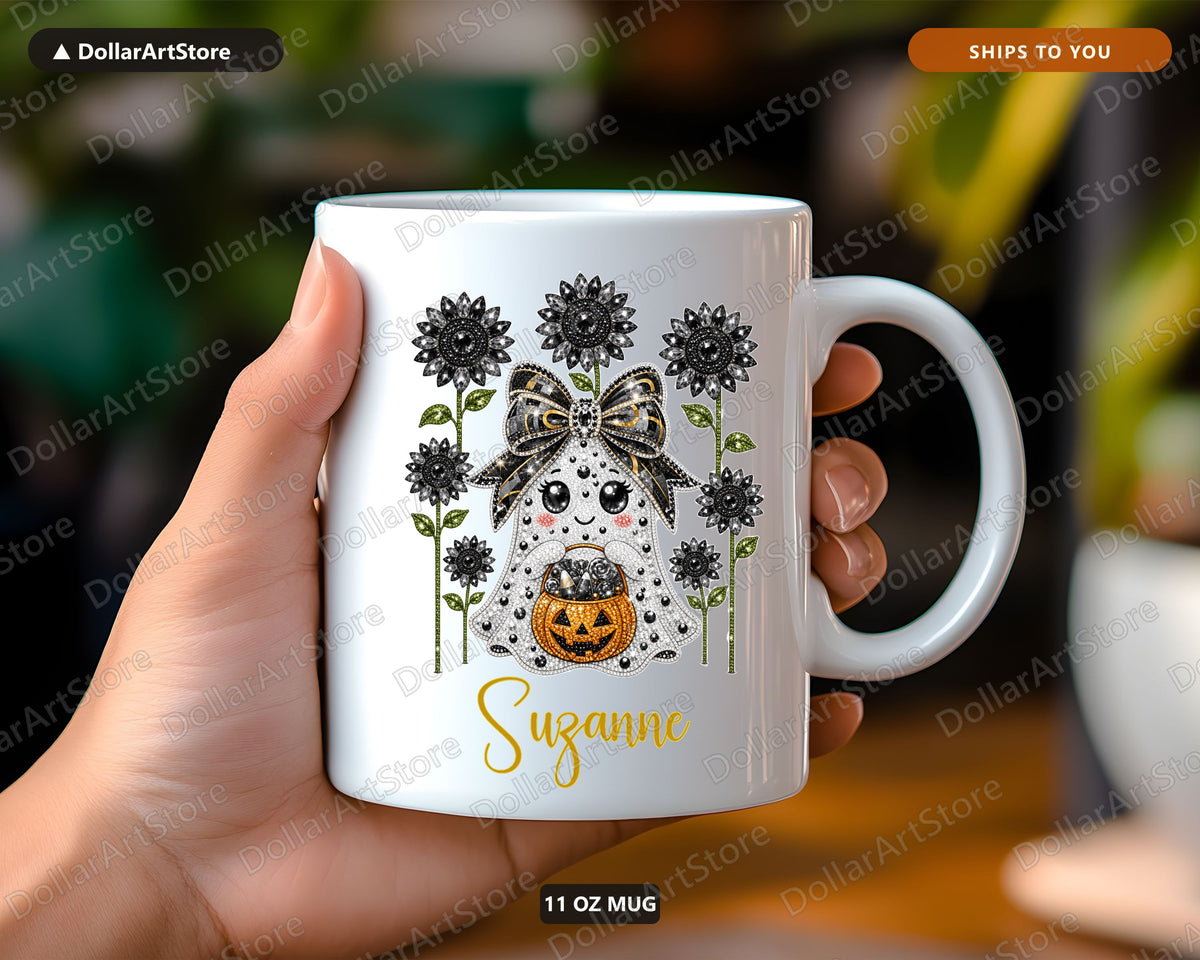 Rhinestone Ghost Sunflower Mug, Halloween Coffee Mug, Personalized Fall Gift