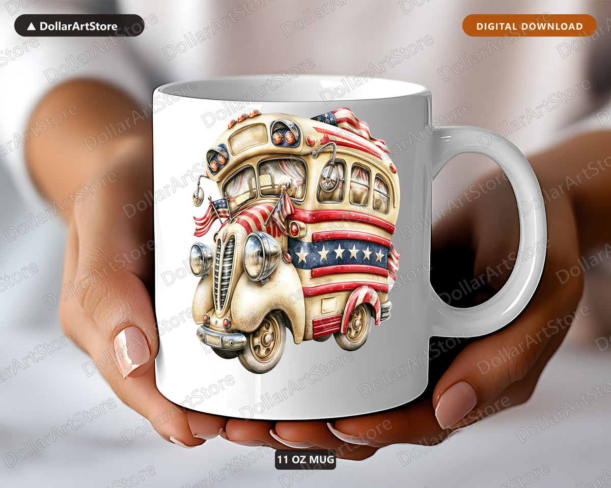 Vintage RV Camper American Flag Mug, Patriotic Coffee Mug Gift