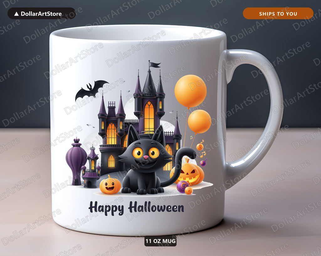 Happy Halloween Black Cat Mug, Haunted Castle Coffee Mug, Fall Ceramic Mug Gift