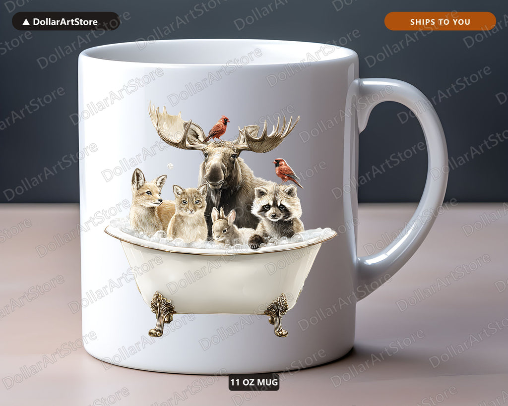 Wildlife Bathtub Mug, Forest Animals Coffee Mug, Moose Woodland Gift